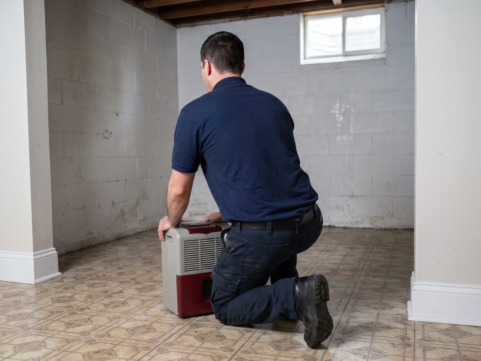 Dehumidifier set up in a below-grade room Technician setting a dehumidifier down in a modest below-grade room with a tiled floor.