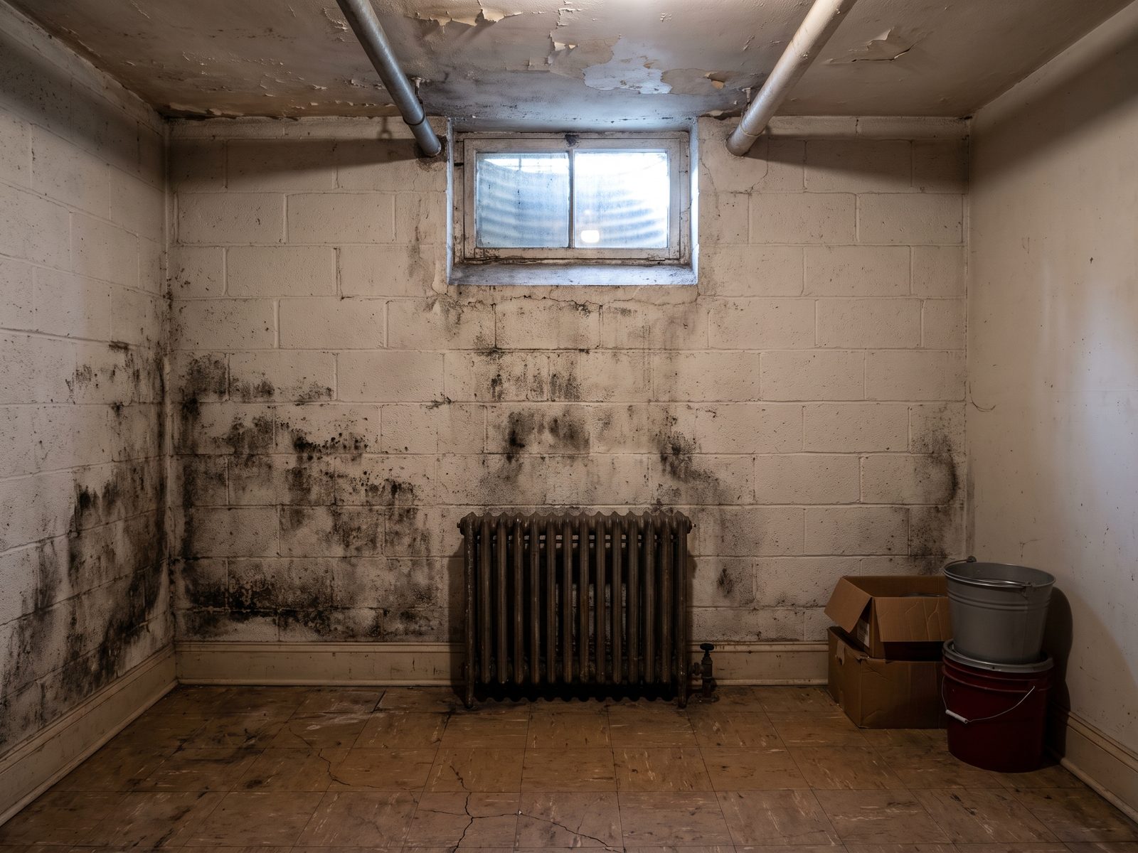 Staining on a below-grade apartment wall Dark staining along the base of a painted block wall in a below-grade apartment beneath a small high window.