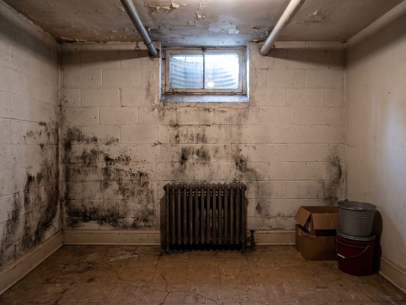 Dark staining along the base of a painted block wall in a below-grade apartment beneath a small high window.