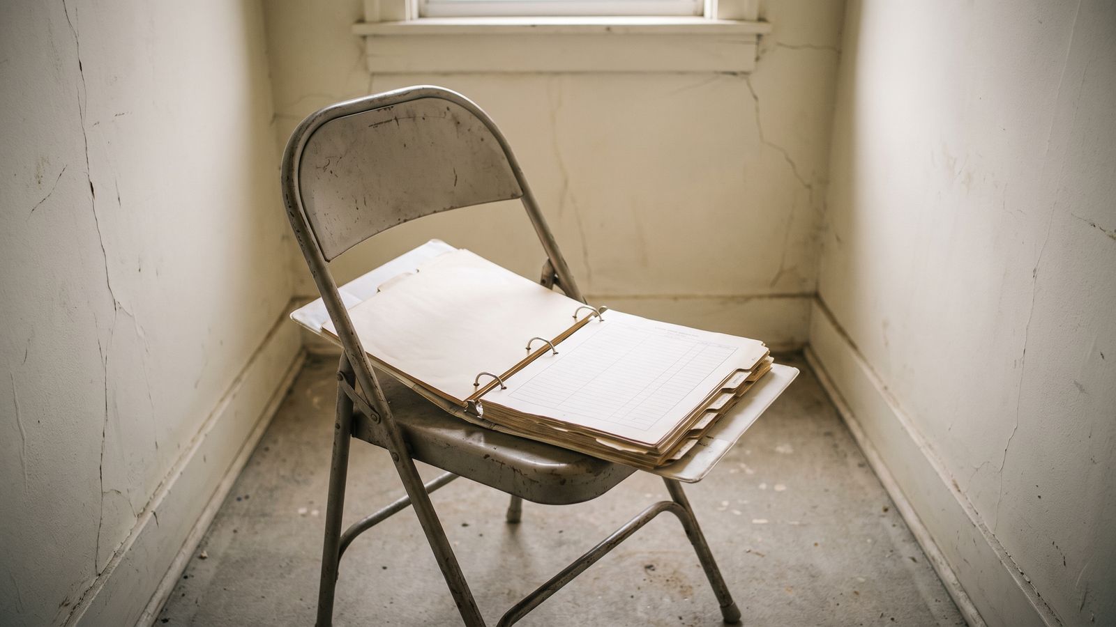 An open three-ring binder holding a ruled ledger page and loose sheets, on a metal folding chair in a narrow room.