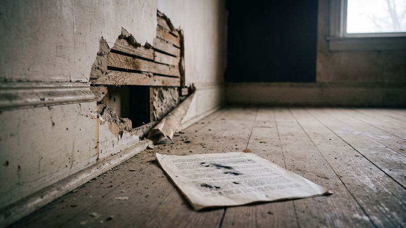A single printed page on a dusty board floor beside a wall where broken plaster exposes the lath underneath.