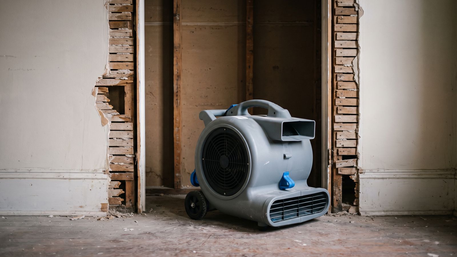 A gray and blue air mover standing on a bare floor in front of a wall opening stripped back to studs and lath.