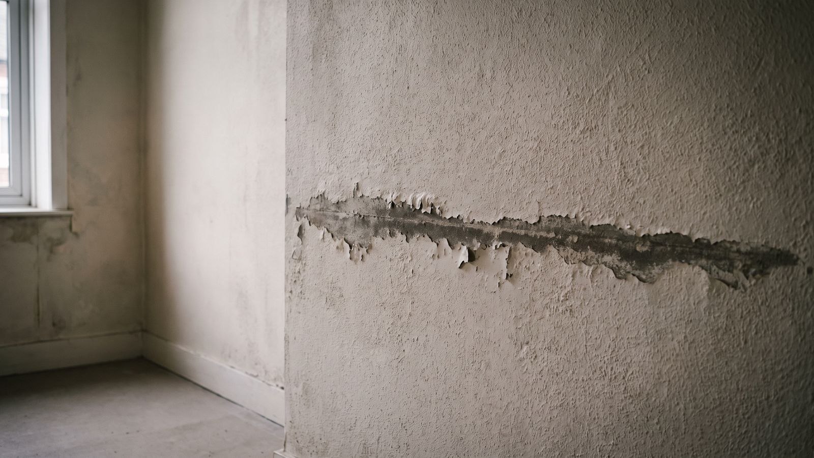 A horizontal tide mark across plaster with the paint blistered and lifting along the line.