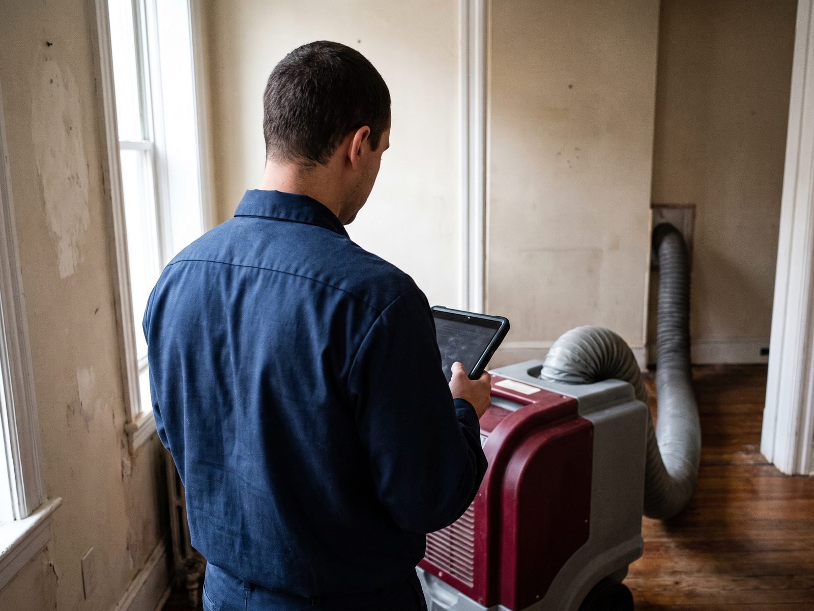 Logging daily moisture readings Technician entering daily moisture readings into a tablet beside a running dehumidifier.