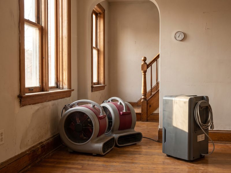 Air movers and a dehumidifier running on a hardwood floor in a row-house living room during an ongoing dry-out.