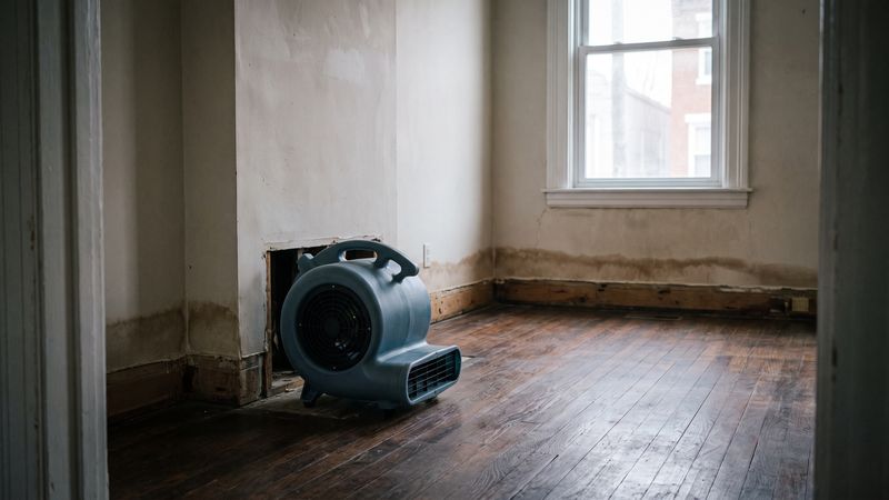 Air mover set at the open baseboard line of a row-house parlor, the drying stage of a DC water damage claim.