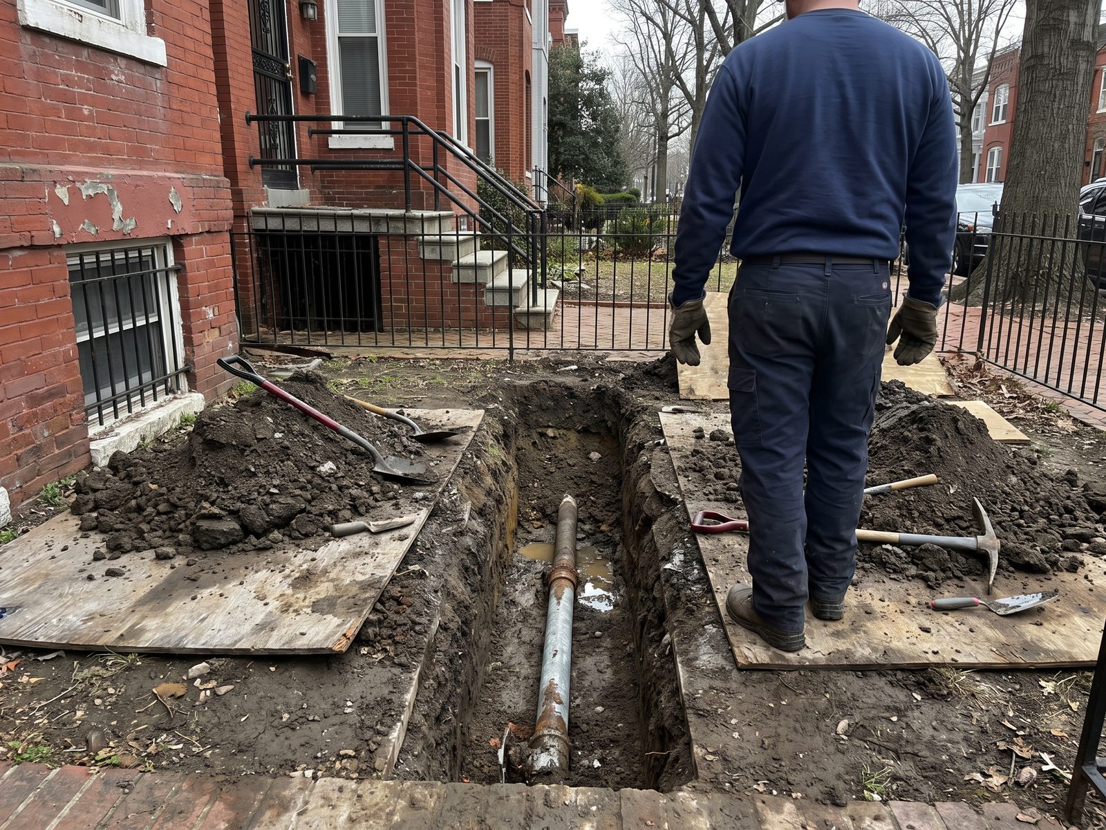 Exposed service pipe in a front-yard trench Open trench in a small front yard exposing an old galvanized service pipe, with backfill piled on plywood alongside.