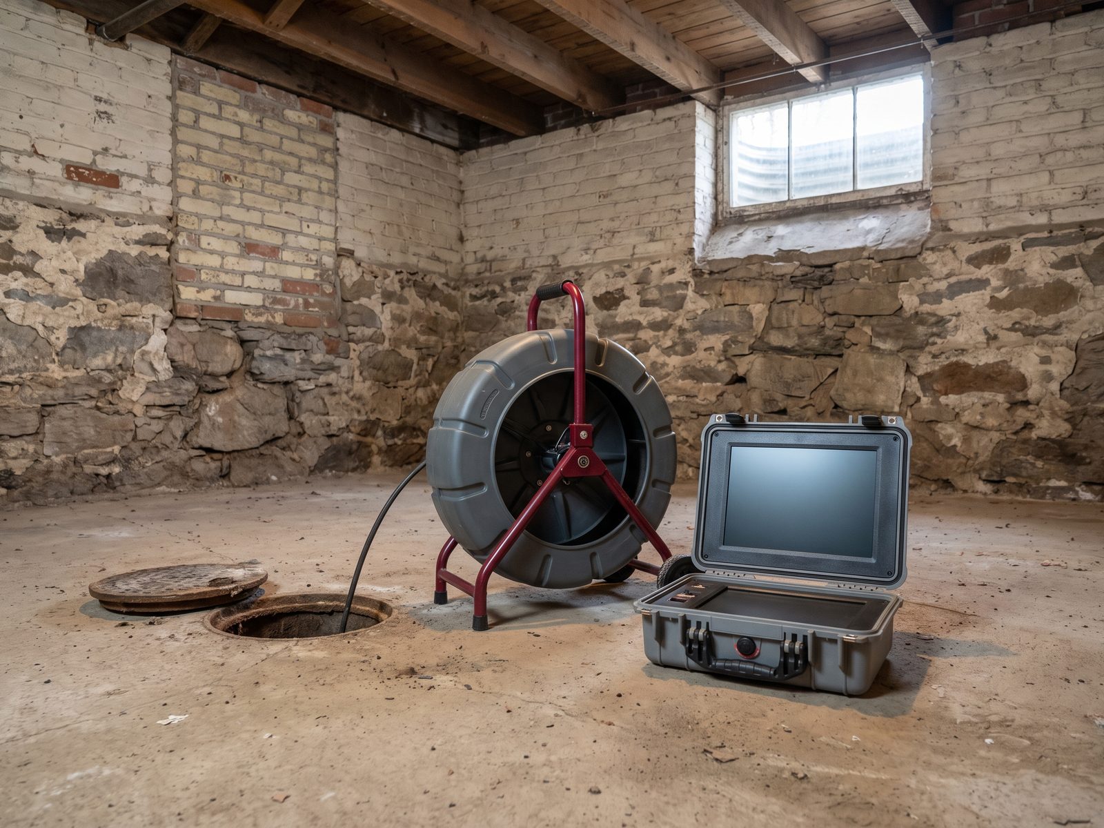 Camera inspection at a basement cleanout Push-camera reel and monitor set up next to an open floor cleanout in an unfinished basement.