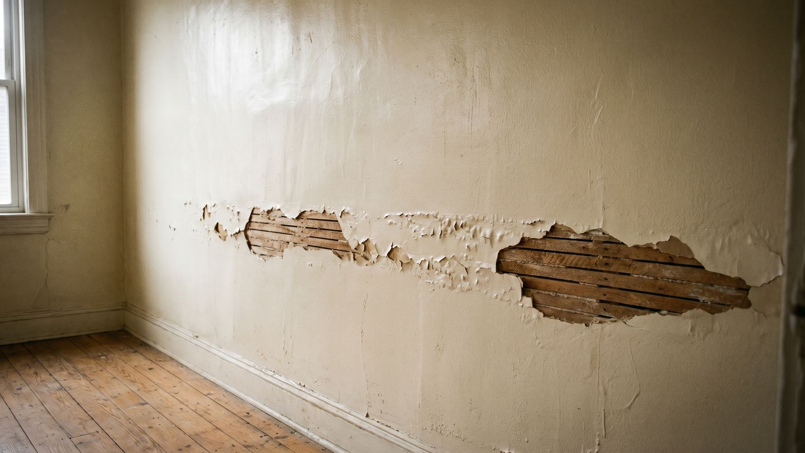 A plaster wall broken away along a horizontal tide line in two ragged openings, exposing the wood lath behind it.