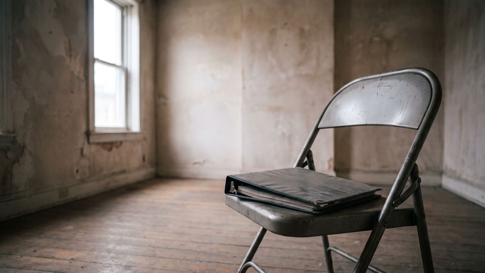 A closed black binder resting on a metal folding chair in an emptied plaster-walled row house room beside a tall window.