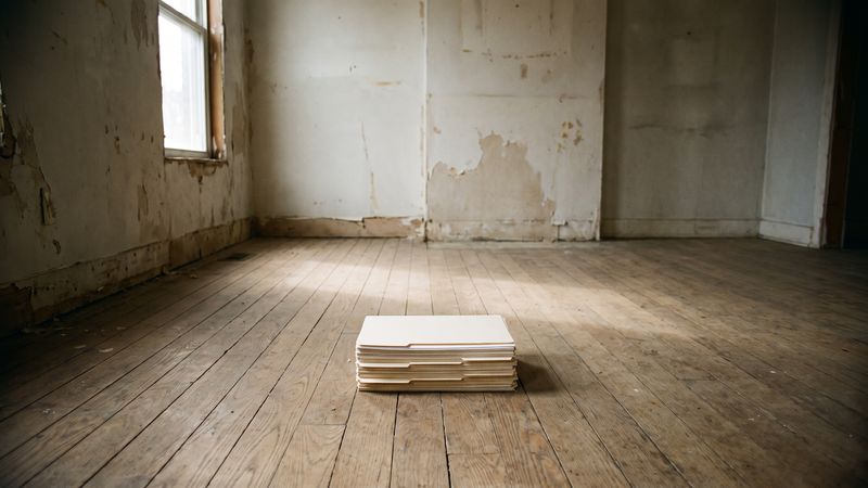 A stack of tabbed file folders squared up on bare wood floorboards in an emptied row house room with peeling plaster walls.