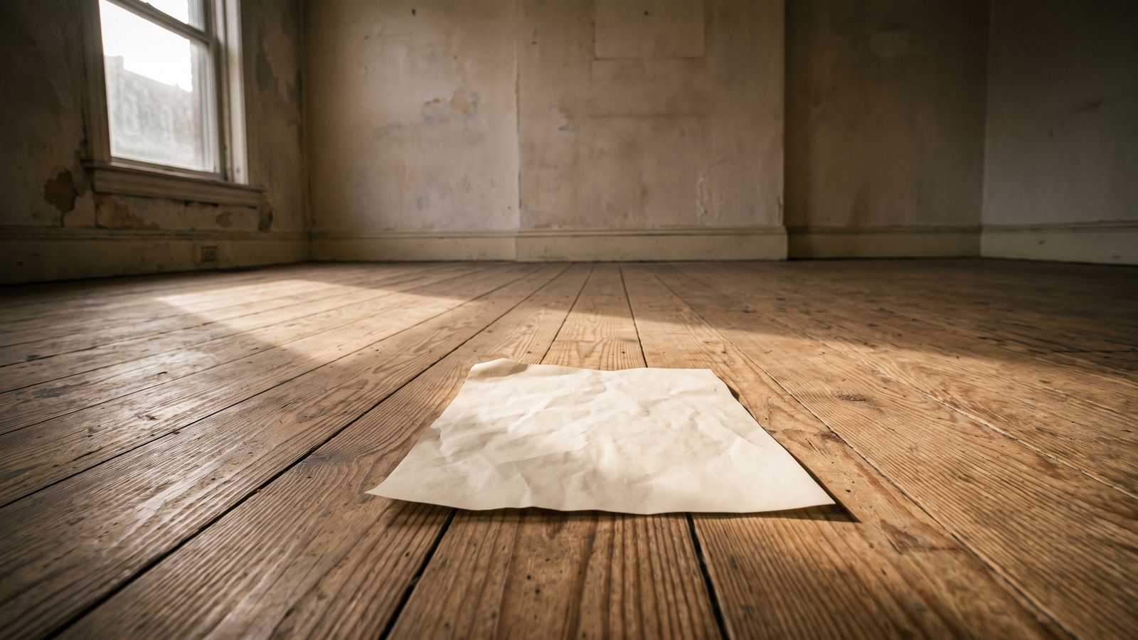 A single wrinkled sheet of blank paper lying on bare wood floorboards in an empty row house room, low window light.