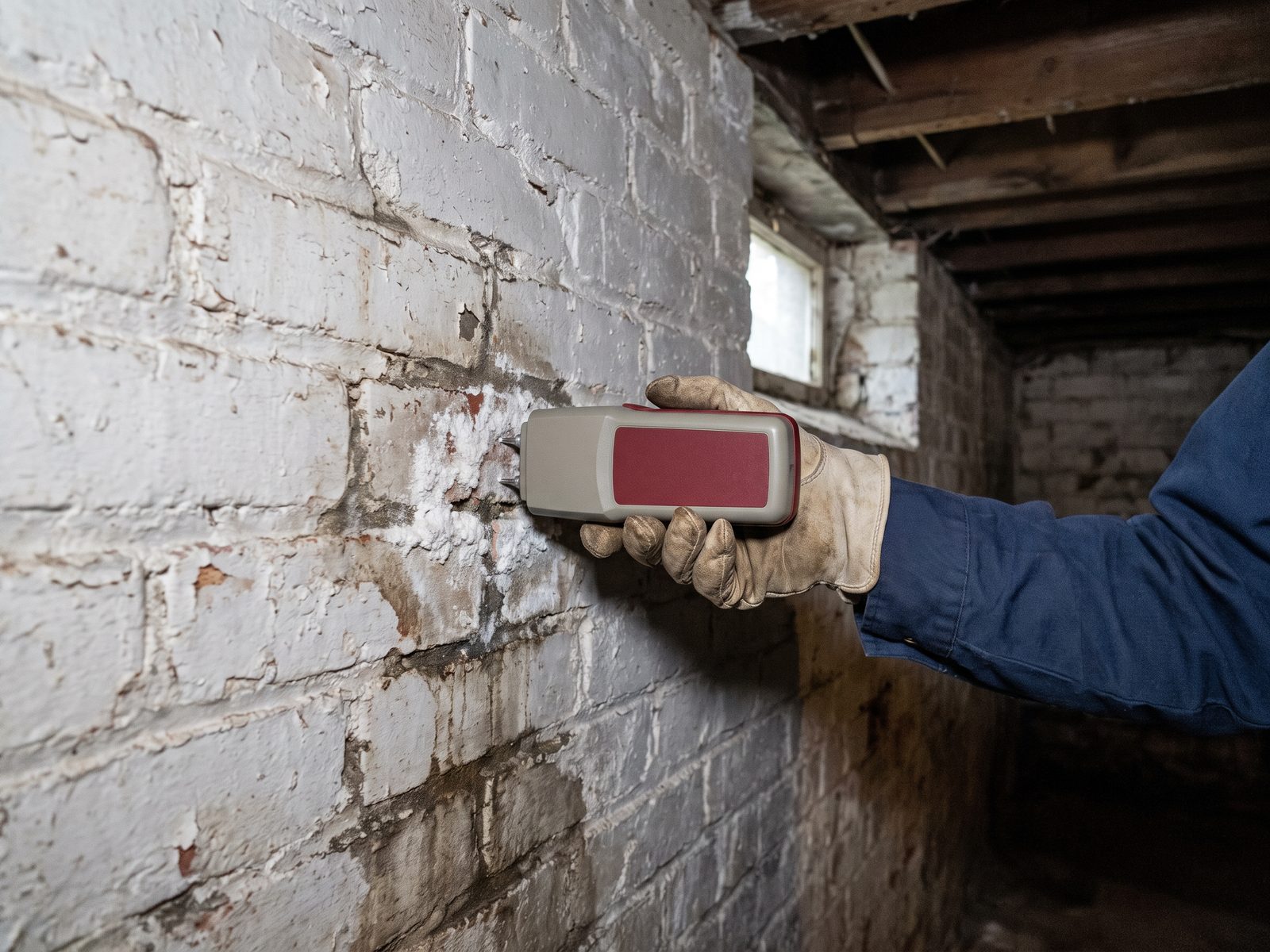 Moisture reading on a damp basement brick wall Gloved hand pressing a moisture meter against a damp painted brick basement wall with white mineral bloom around it.