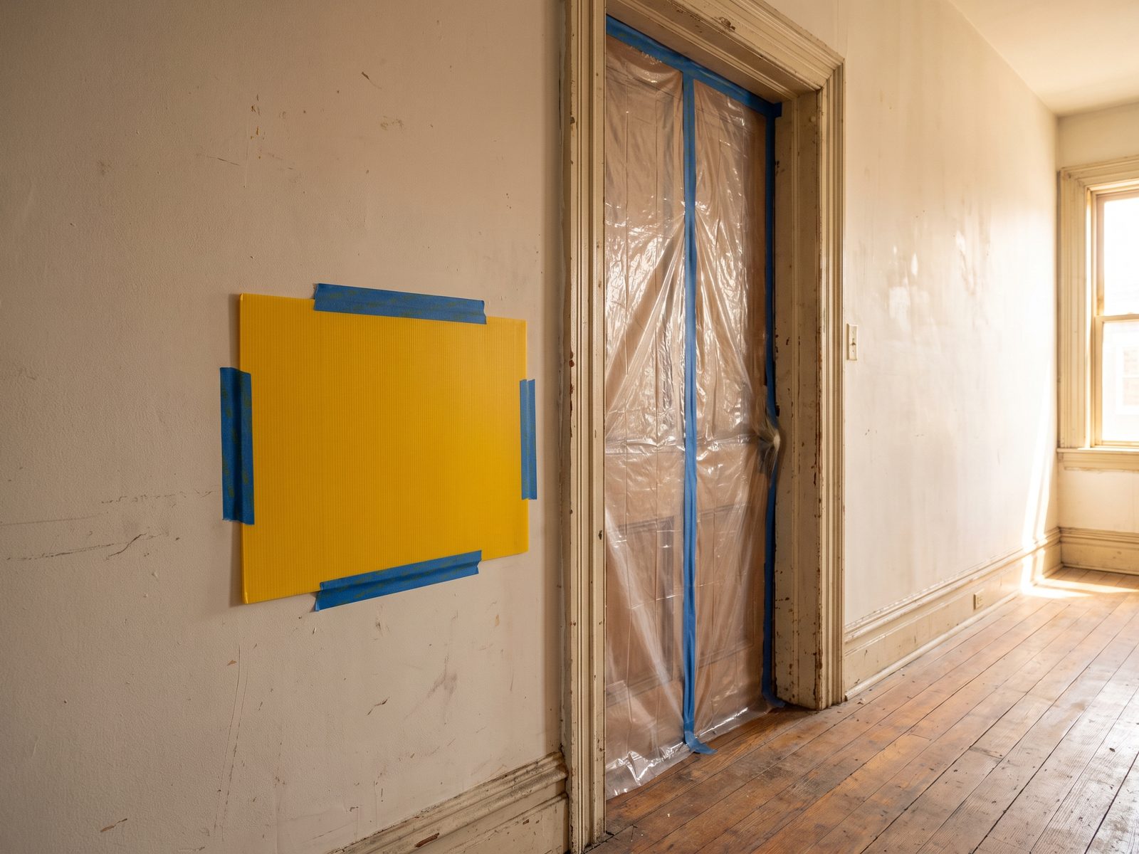 Warning placard at a containment entrance Bright yellow warning placard taped to the wall beside a plastic-sealed containment entrance in a row-house hallway.