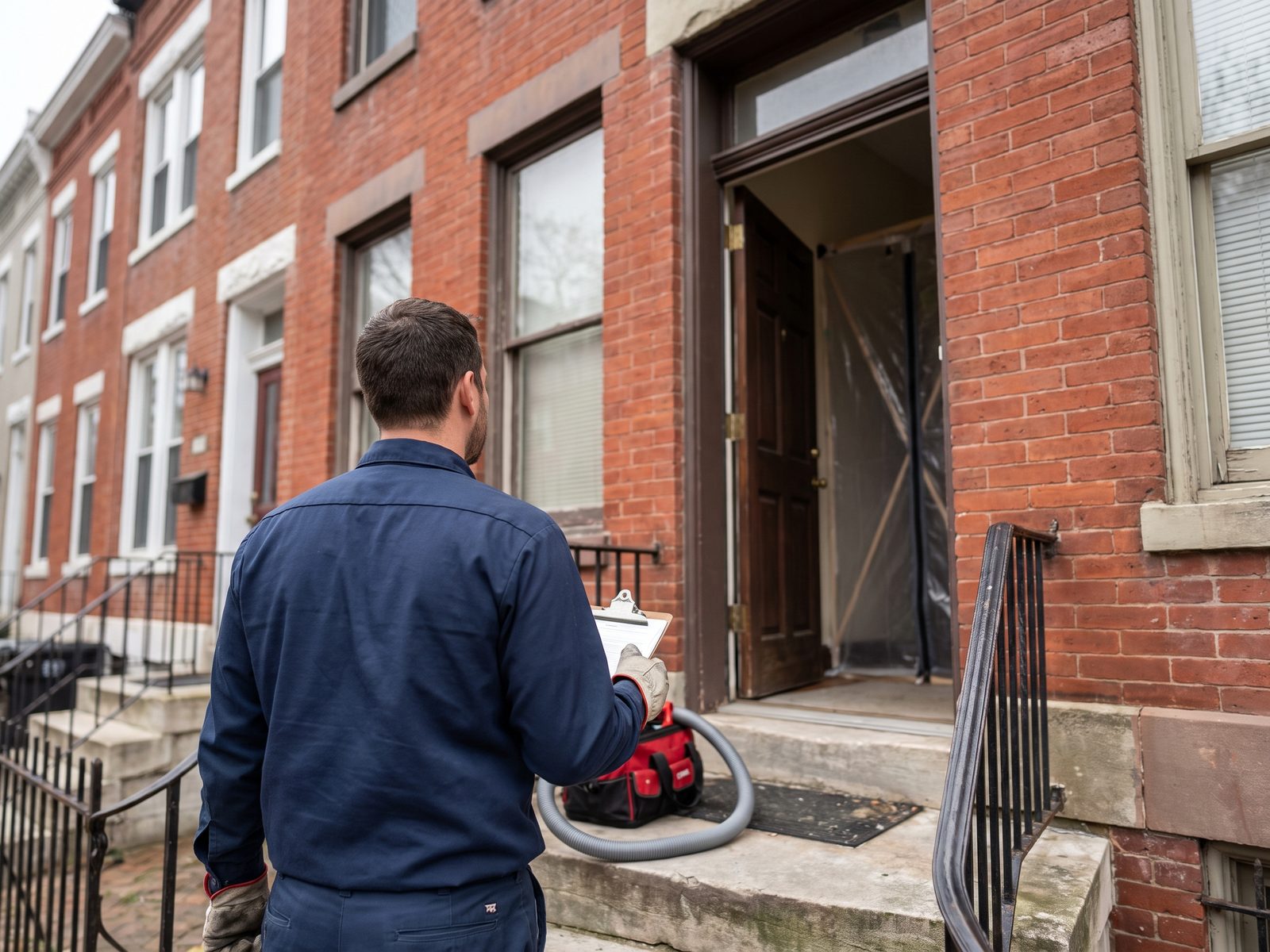 Technician at a row-house door before a mold job Technician with a clipboard at the front door of a brick row house, plastic containment sheeting in the hallway behind.
