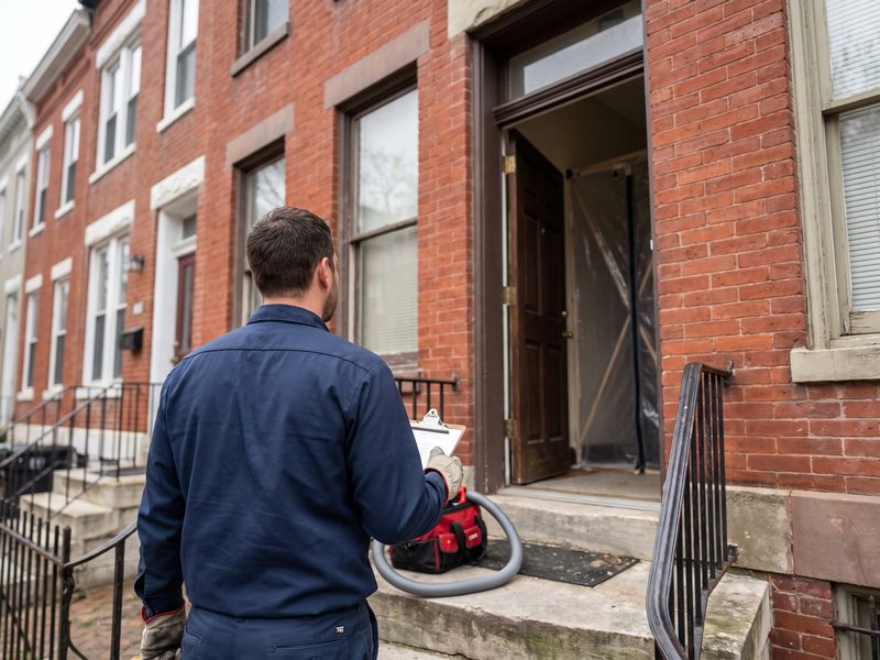 Technician with a clipboard at the front door of a brick row house, plastic containment sheeting in the hallway behind.