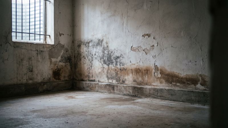 Black mold spreading above the baseboard on a cracked plaster wall in a below-grade DC row-house room
