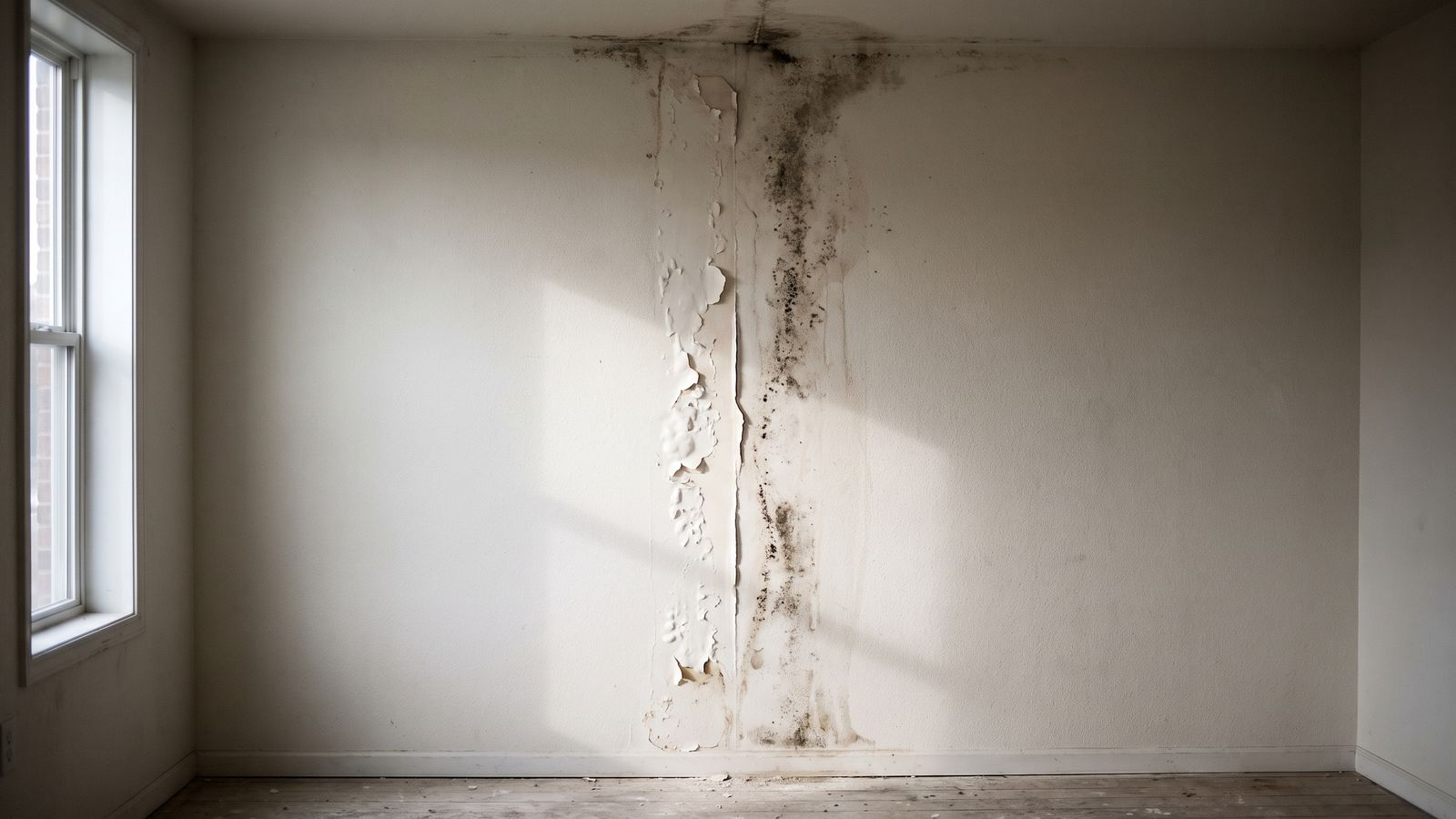 Blistered paint and mold along a damp wall track Blistered paint and black mold on drywall following a damp vertical track from ceiling to baseboard