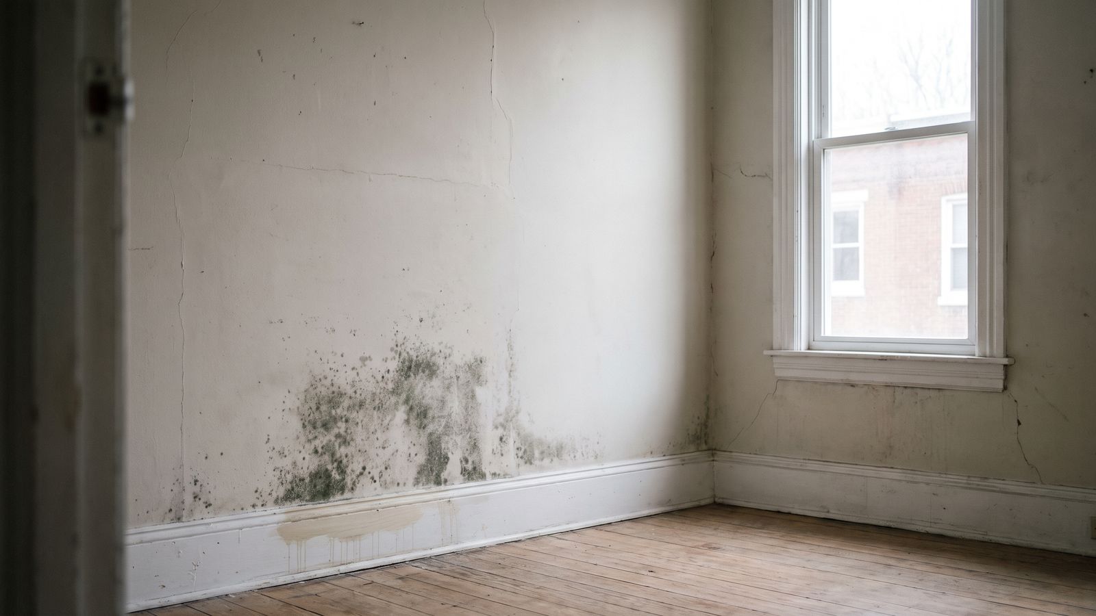 Mold bloom on drywall beside a washed patch Grey-green mold on drywall spreading up from the baseboard beside one pale washed patch in an empty room