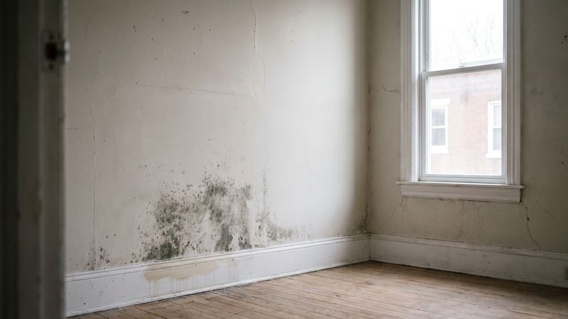 Gray-green mold on drywall spreading up from the baseboard beside one pale washed patch in an empty room