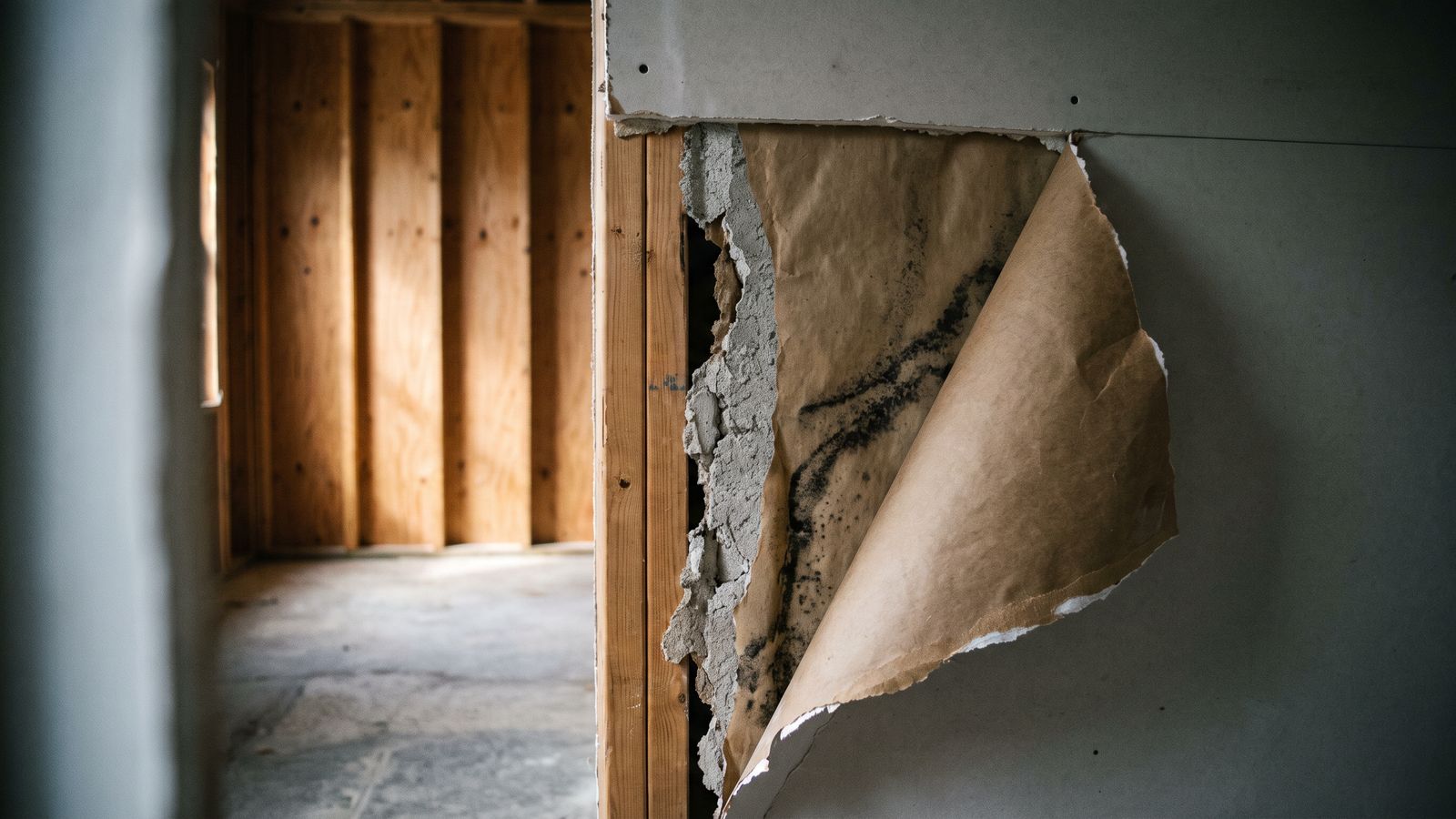 Mold behind the torn paper facing of drywall Mold on drywall behind the torn paper facing, peeled back to show dark growth and the grey gypsum core
