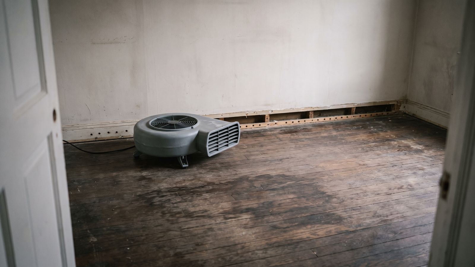 Air mover drying a wall line with the trim removed Air mover running on wet floorboards where the base trim has been removed and weep holes drilled for water damage drying