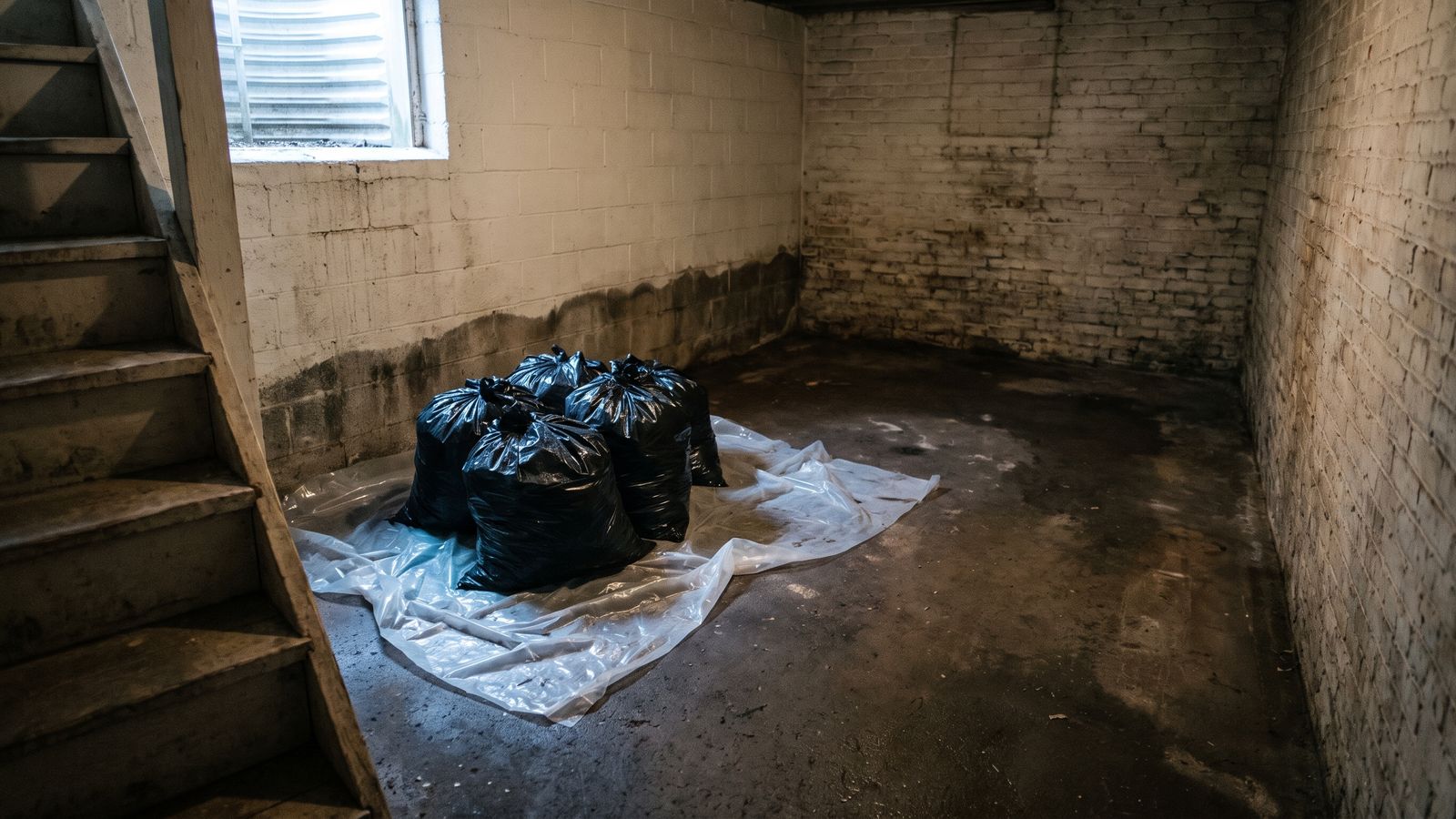 Bagged waste on sheeting in a row-house basement Sealed waste bags on plastic sheeting beside a basement stair after sewer backup water damage in a DC row house