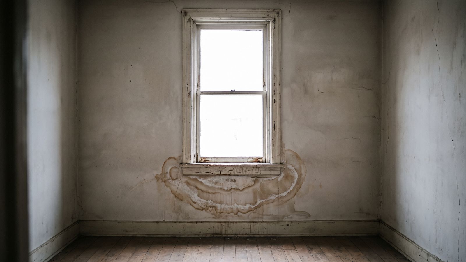 Old water stains on plaster under a row-house window Layered brown stains and flaking paint on plaster under a row-house window, gradual water damage rather than a sudden leak