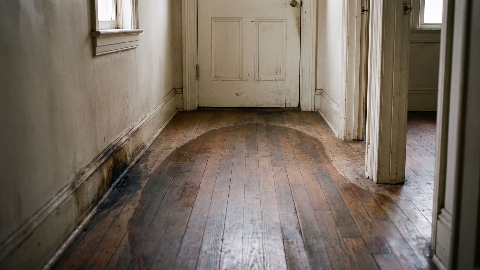 Water spreading from under a door onto row-house floorboards Water spreading out from under a closed door across oak floorboards in a DC row-house hallway after sudden water damage