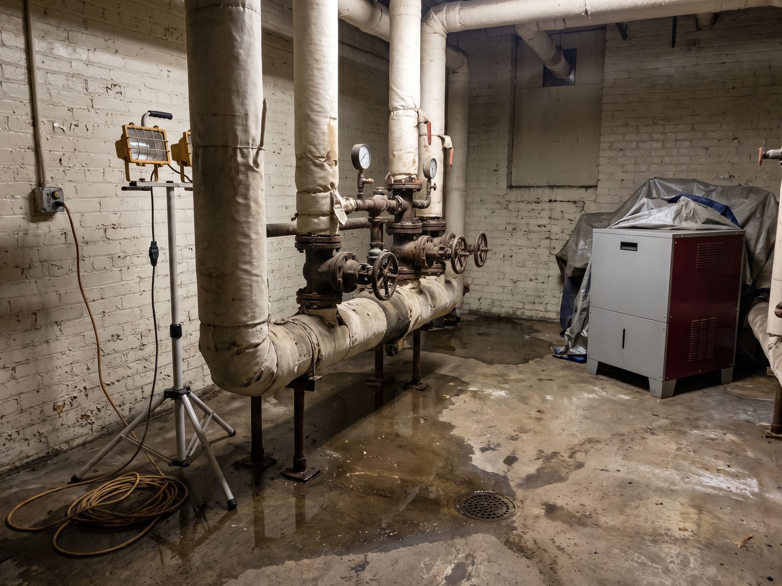 Wet mechanical room with insulated risers Large insulated risers and a valve station above a wet floor in the mechanical room of an older institutional building.