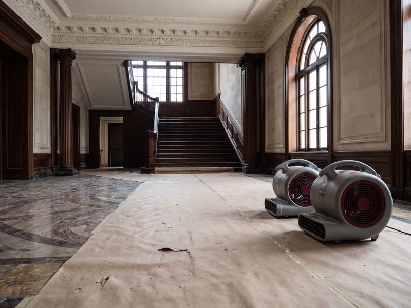 Marble entrance hall with plaster cornice and protective floor covering laid along a path, air movers running to one side.
