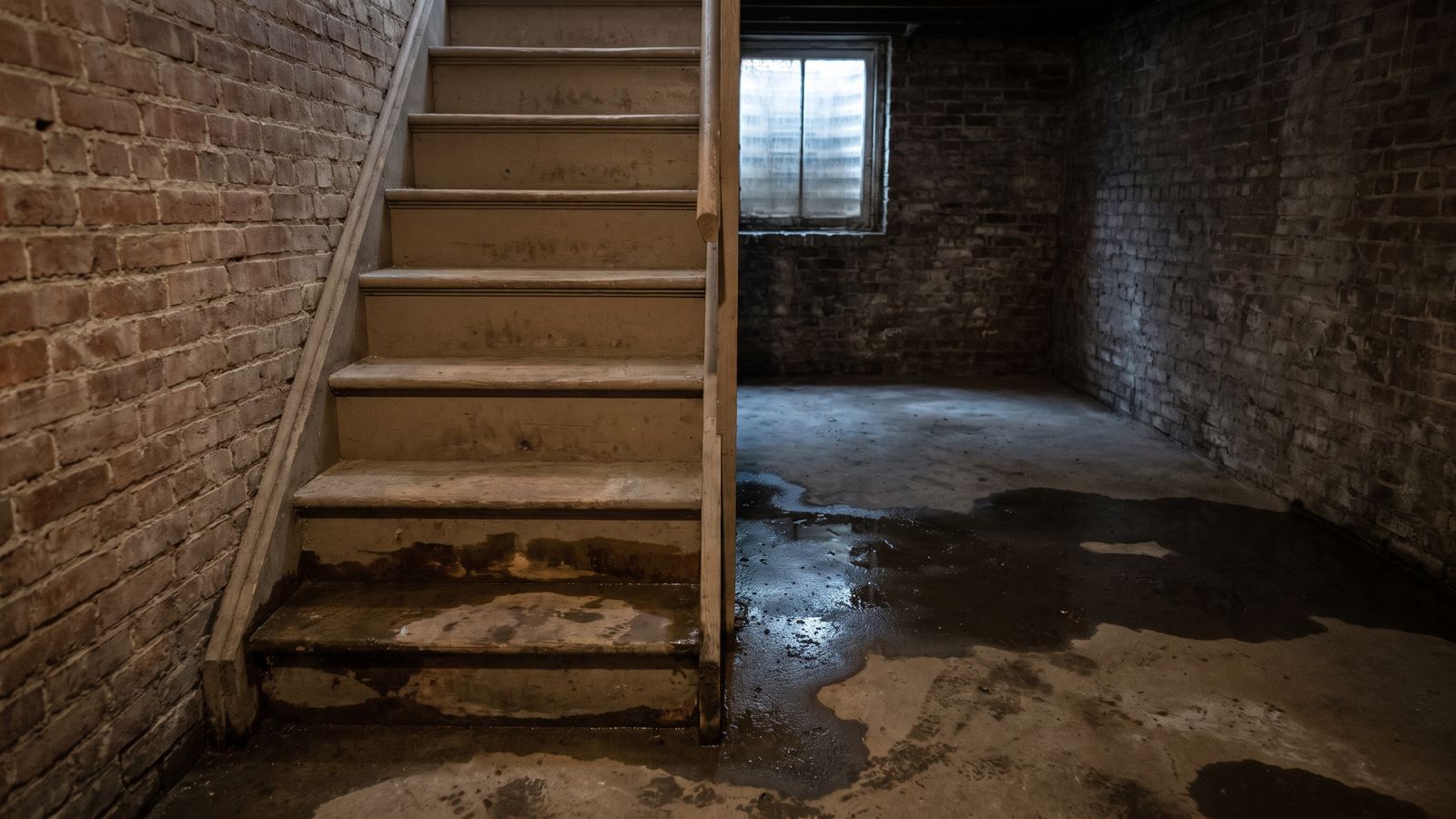 Water line on the bottom basement stair treads Narrow stair to a below-grade unit, a water line on the bottom treads and wet floor from English basement water damage in DC