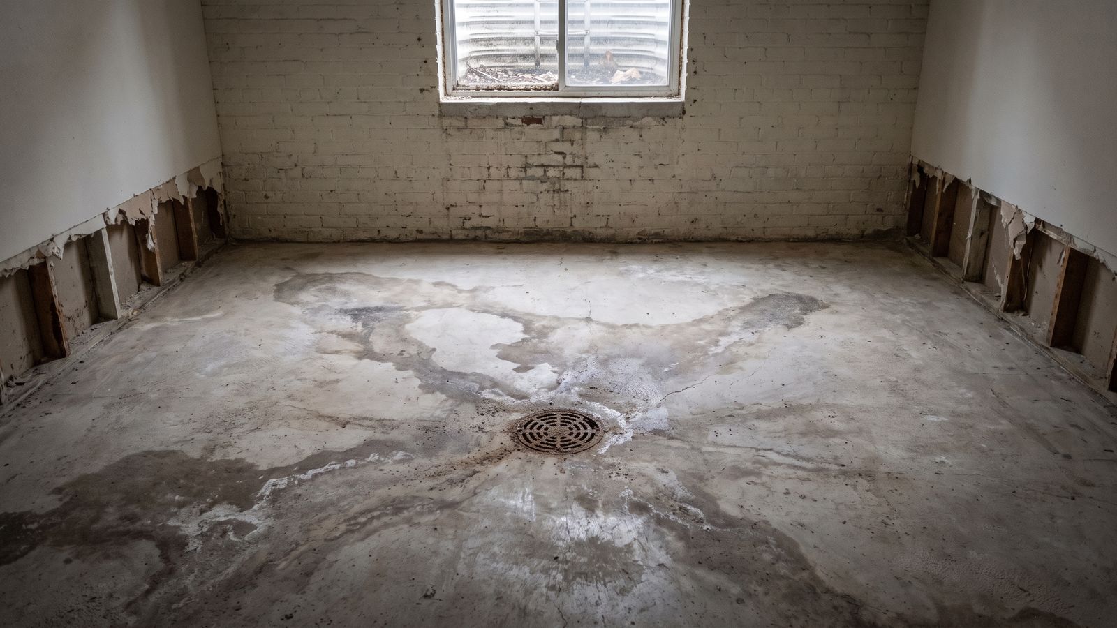 Floor drain and staining on a stripped slab Floor drain in a bare basement slab, staining radiating out as a clue to the source of English basement water damage in DC
