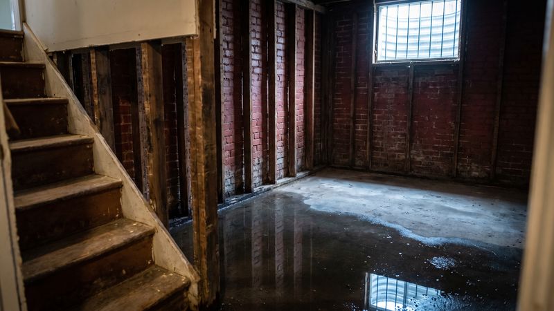 Stripped below-grade room with bare studs, painted brick and a wet slab after English basement water damage in DC