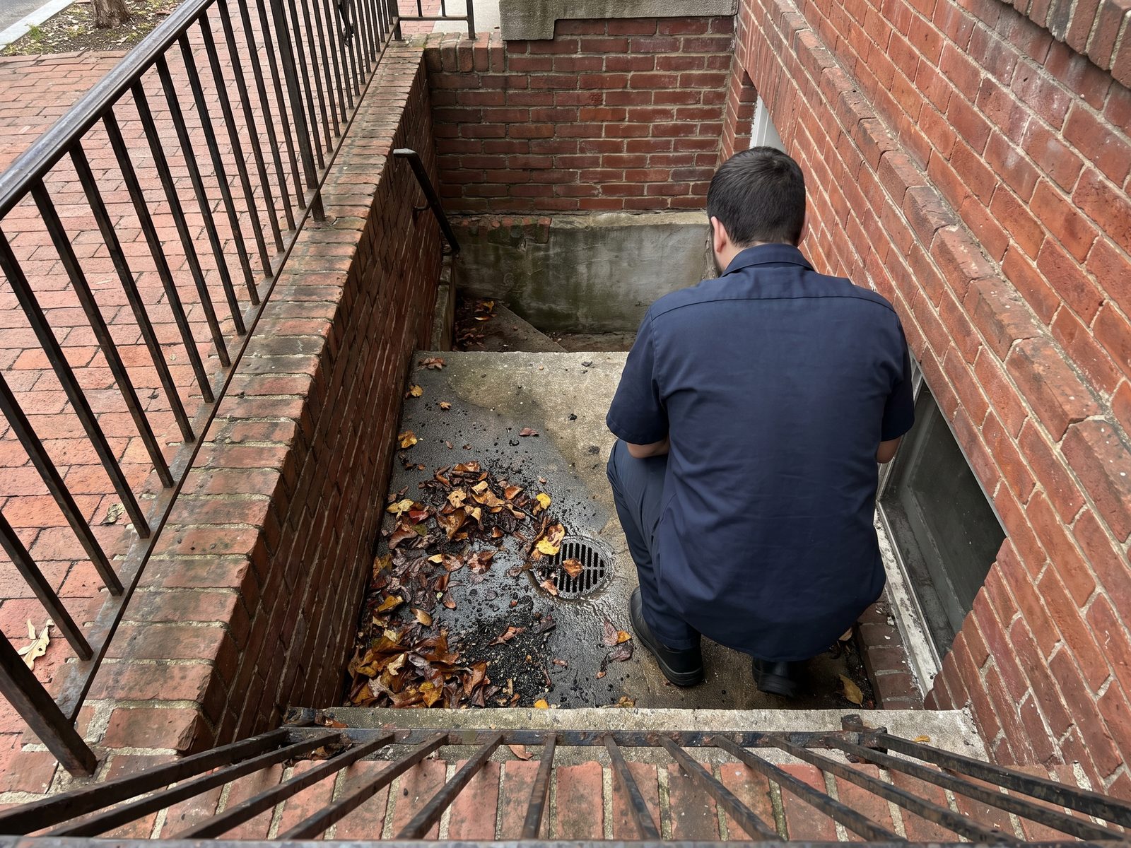 Leaf-blocked areaway drain at a row house Technician crouched over the floor drain at the bottom of an areaway stairwell, leaves banked against the grate.