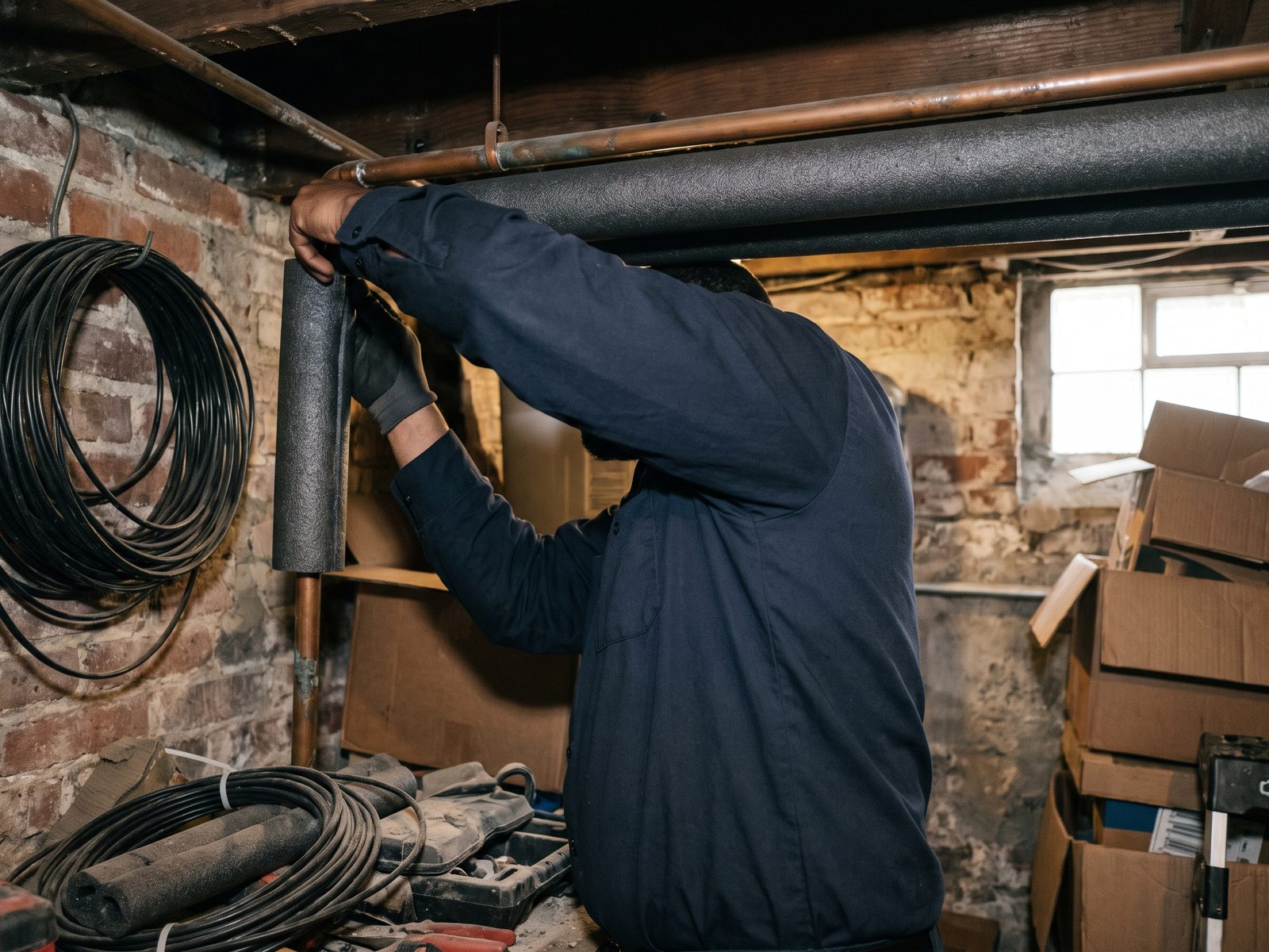 Fitting pipe insulation in an unheated basement Foam pipe insulation being fitted along an exposed copper line in an unheated basement utility corner.