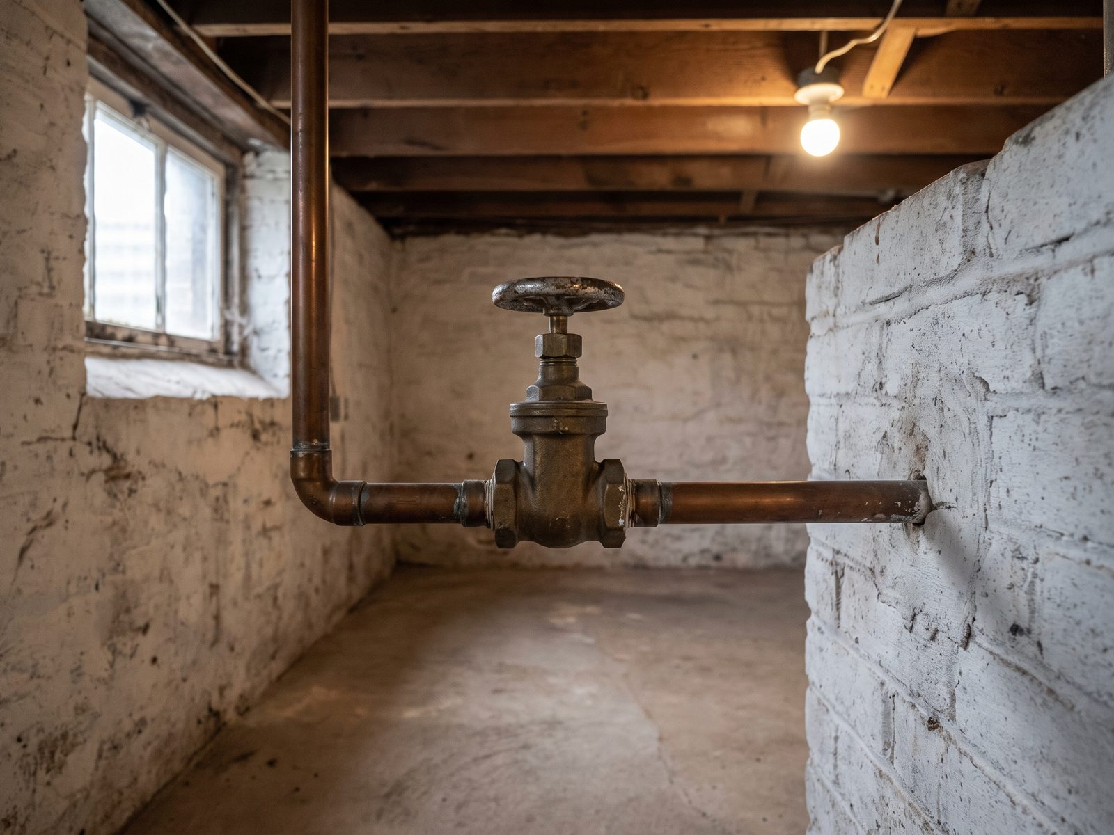 Main water shutoff at the service entry Old gate valve on the water service line where it enters a row house basement through the front foundation wall.