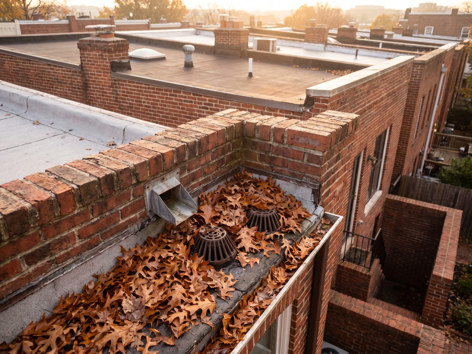 Leaves around a flat-roof drain and parapet Autumn leaves collected around an internal roof drain on a flat row-house roof beside a low parapet wall.