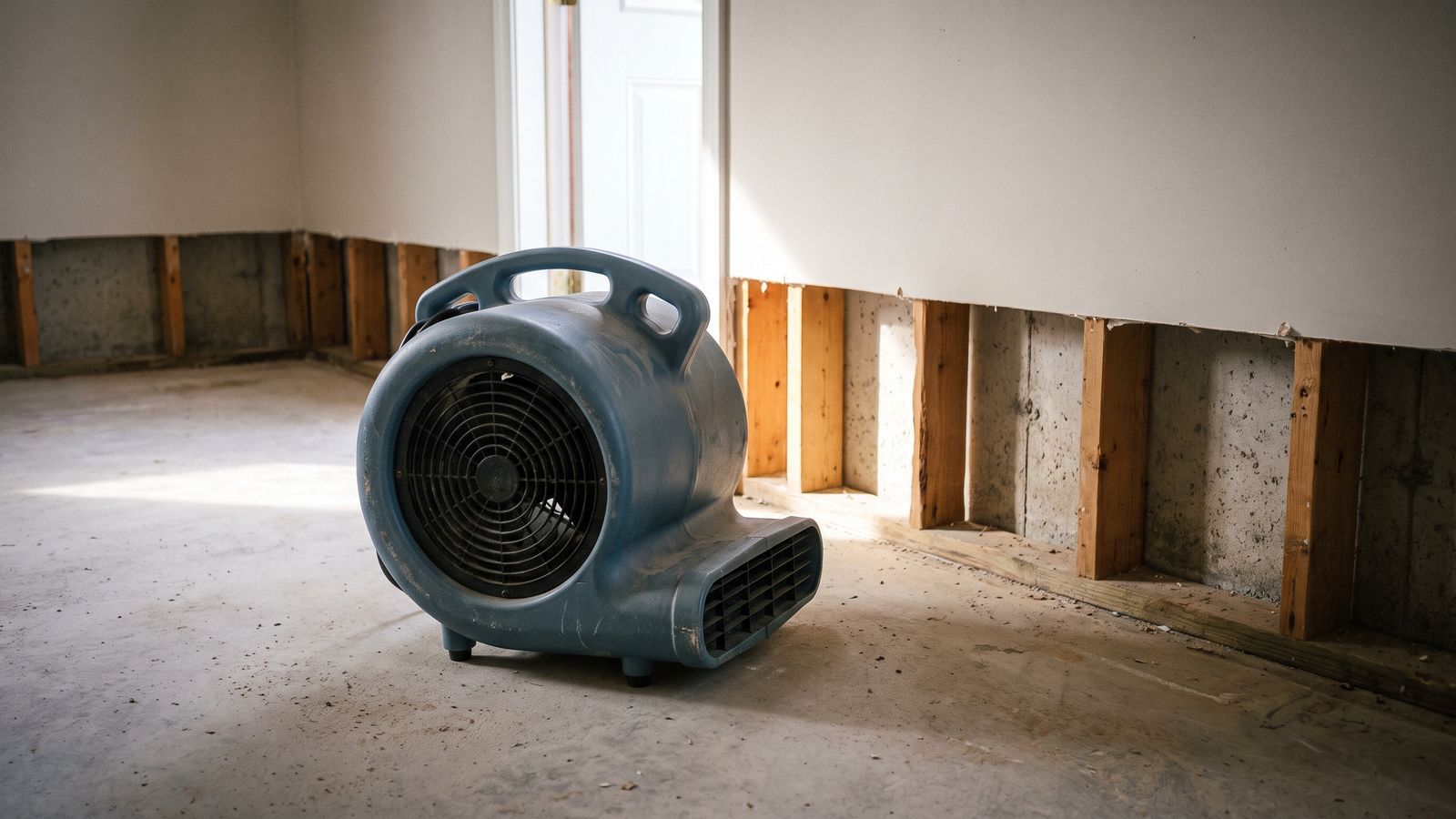 Centrifugal air mover beside a flood-cut wall Centrifugal air mover on a bare slab beside a flood-cut wall of exposed studs in the first 24 hours water damage.