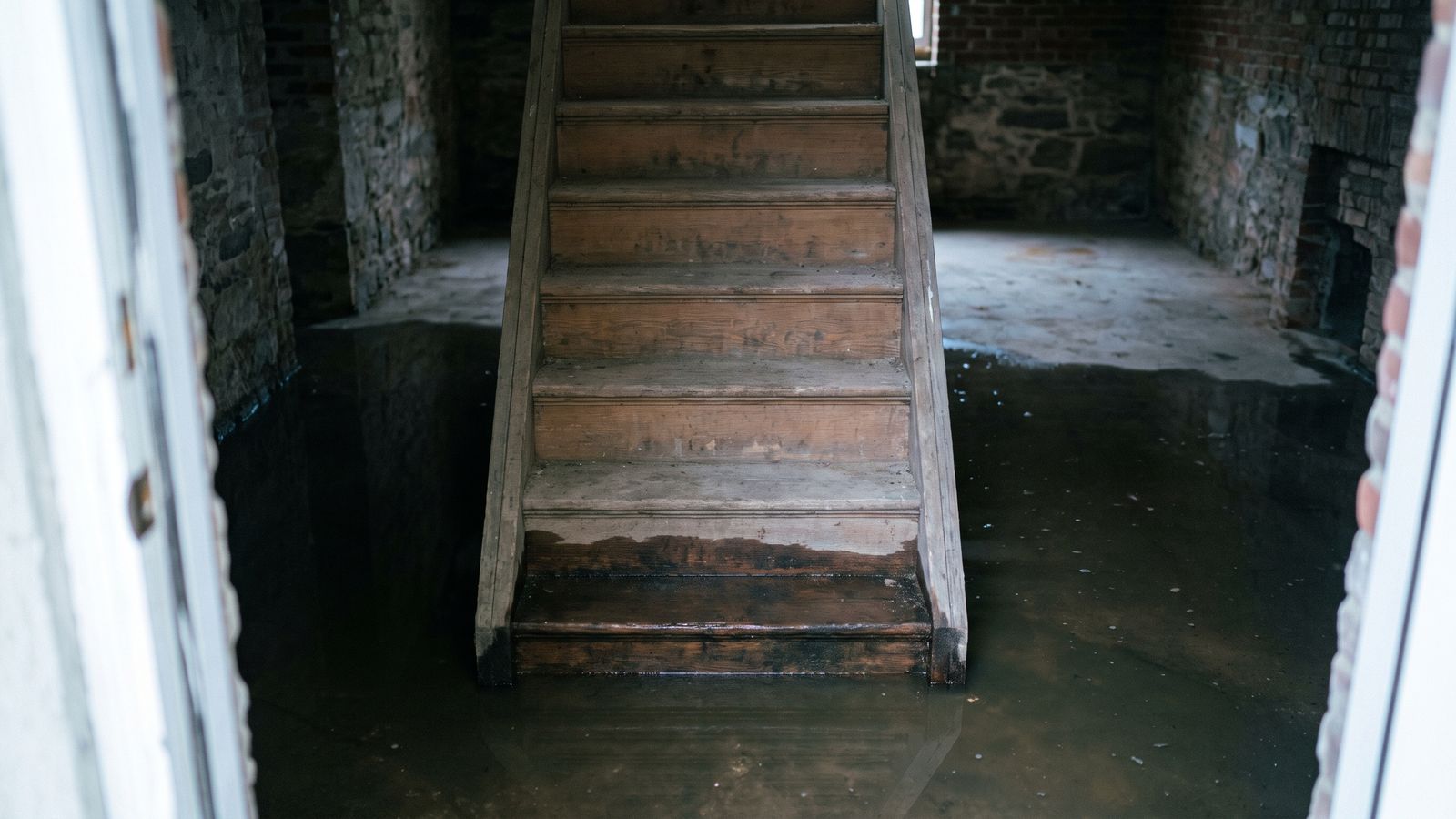 Flooded basement stair with waterline on the treads Flooded basement stair with a dark waterline on the bottom treads, standing water in the first 24 hours water damage.