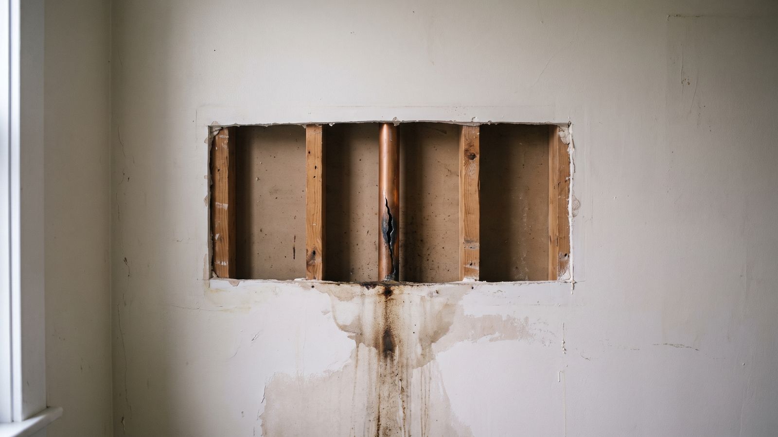 Split copper supply pipe in an opened wall cavity Split copper supply pipe exposed in an opened wall cavity above a stained wall in the first 24 hours water damage.