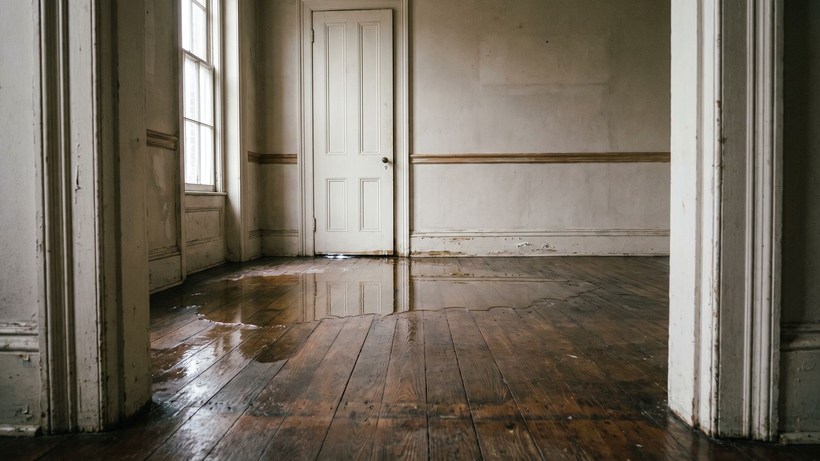 Standing water on oak floorboards in an empty room Standing water across bare oak floorboards and a blistered baseboard, the first 24 hours water damage inside an older home.
