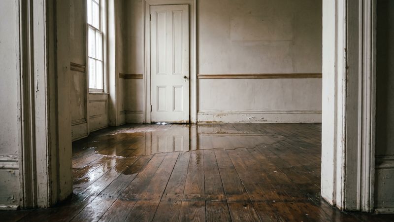 Standing water across bare oak floorboards and a blistered baseboard, the first 24 hours water damage inside an older home.