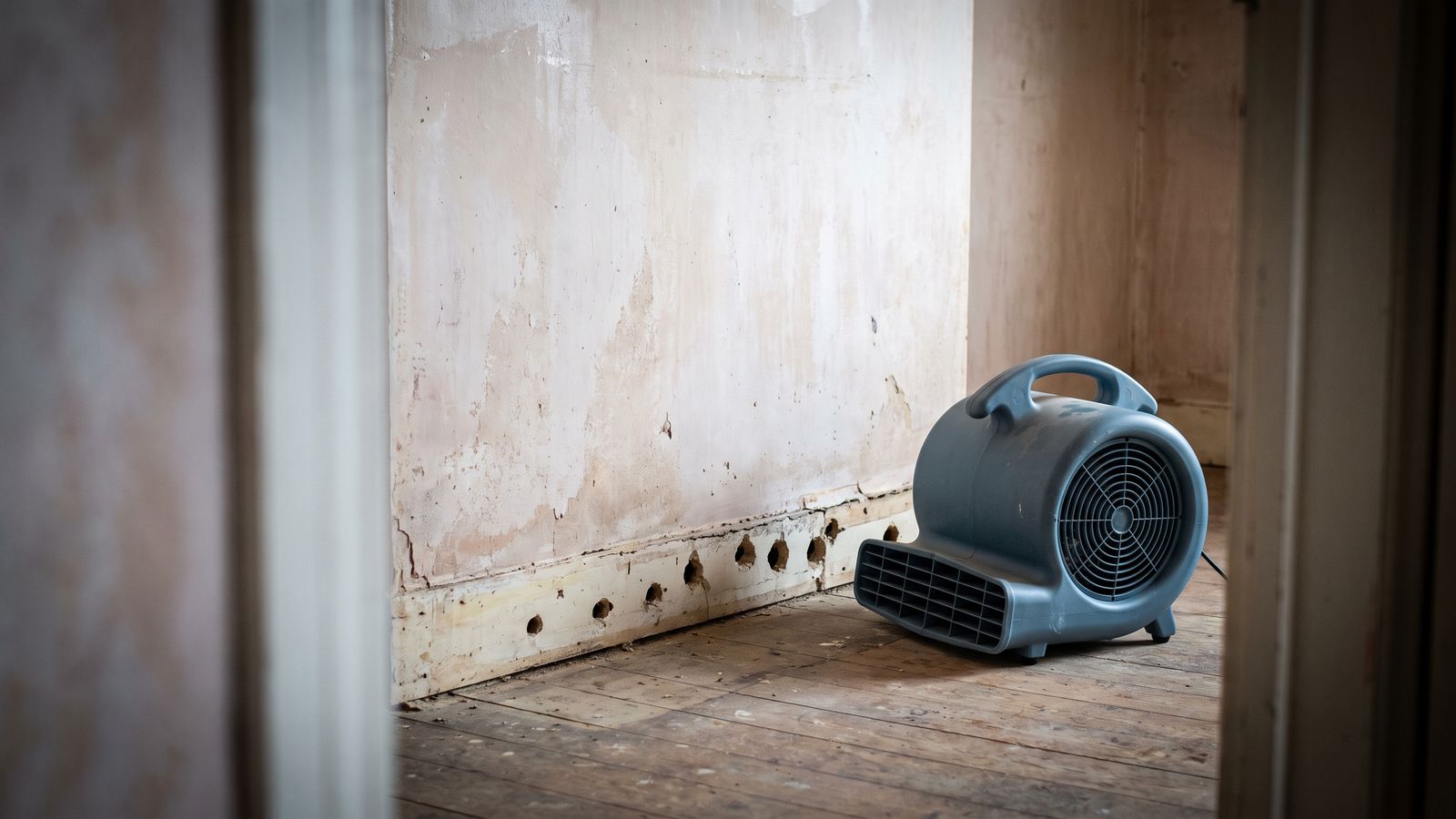 Air mover at a drilled baseboard drying line Centrifugal air mover beside a line of holes drilled along a baseboard to dry the wall cavity after a flat roof leak