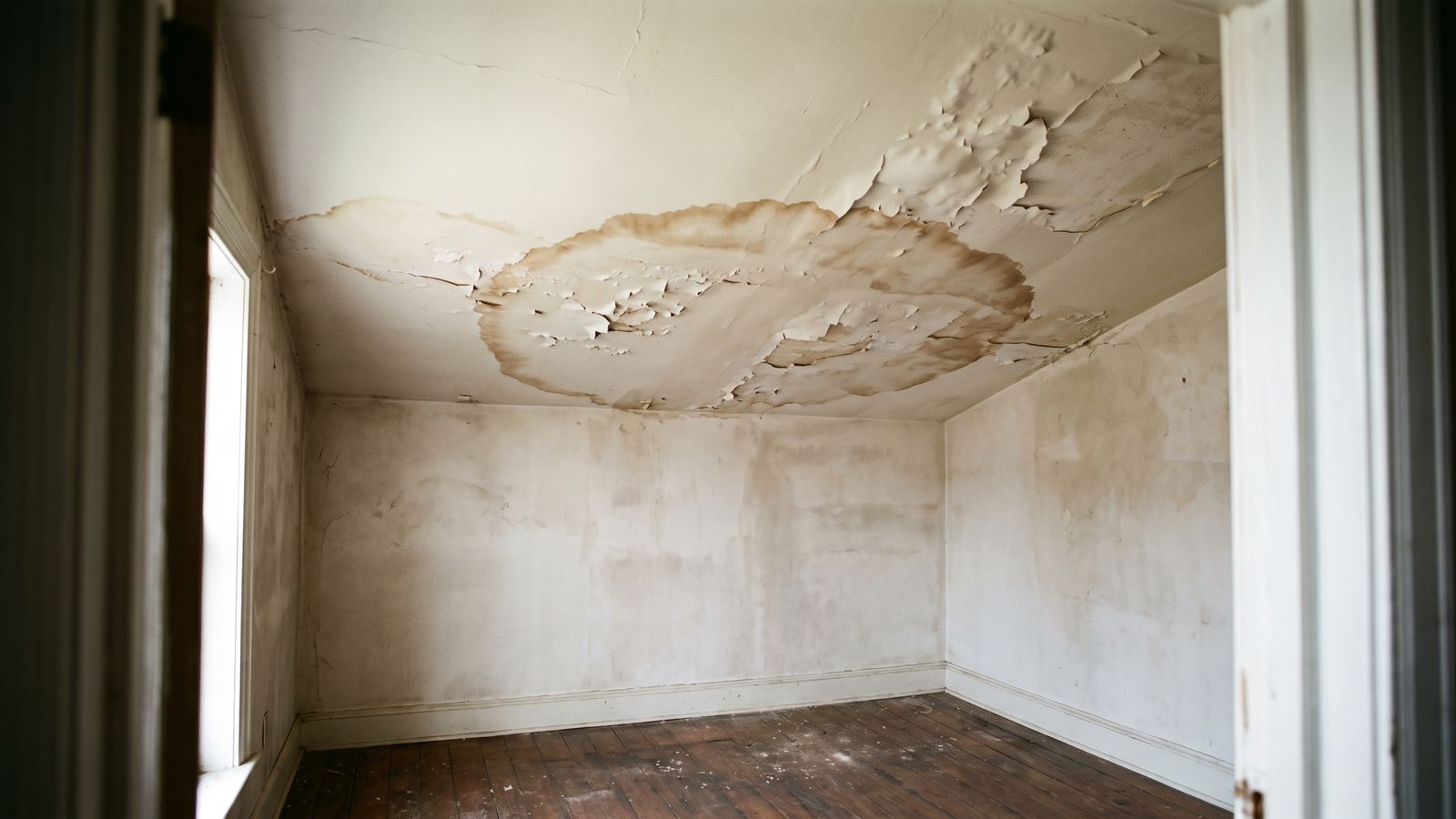 Water-stained plaster ceiling in a row house Brown tide ring and blistered paint on a plaster ceiling from a flat roof leak in a DC row house