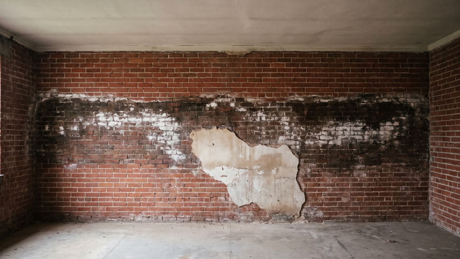 Salt bloom on a damp interior brick wall Dark damp band and white salt bloom on an interior brick wall, an inside sign of a flat roof leak in a row house