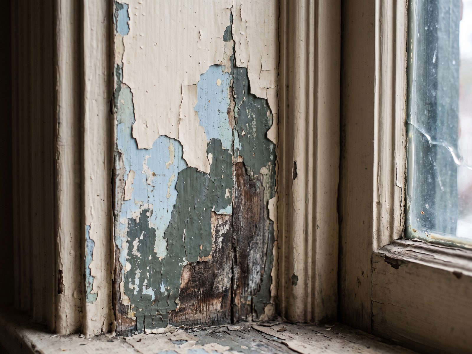 Layered paint on old row-house trim Chipped paint layers on an old wooden window casing showing several colors beneath the top coat.