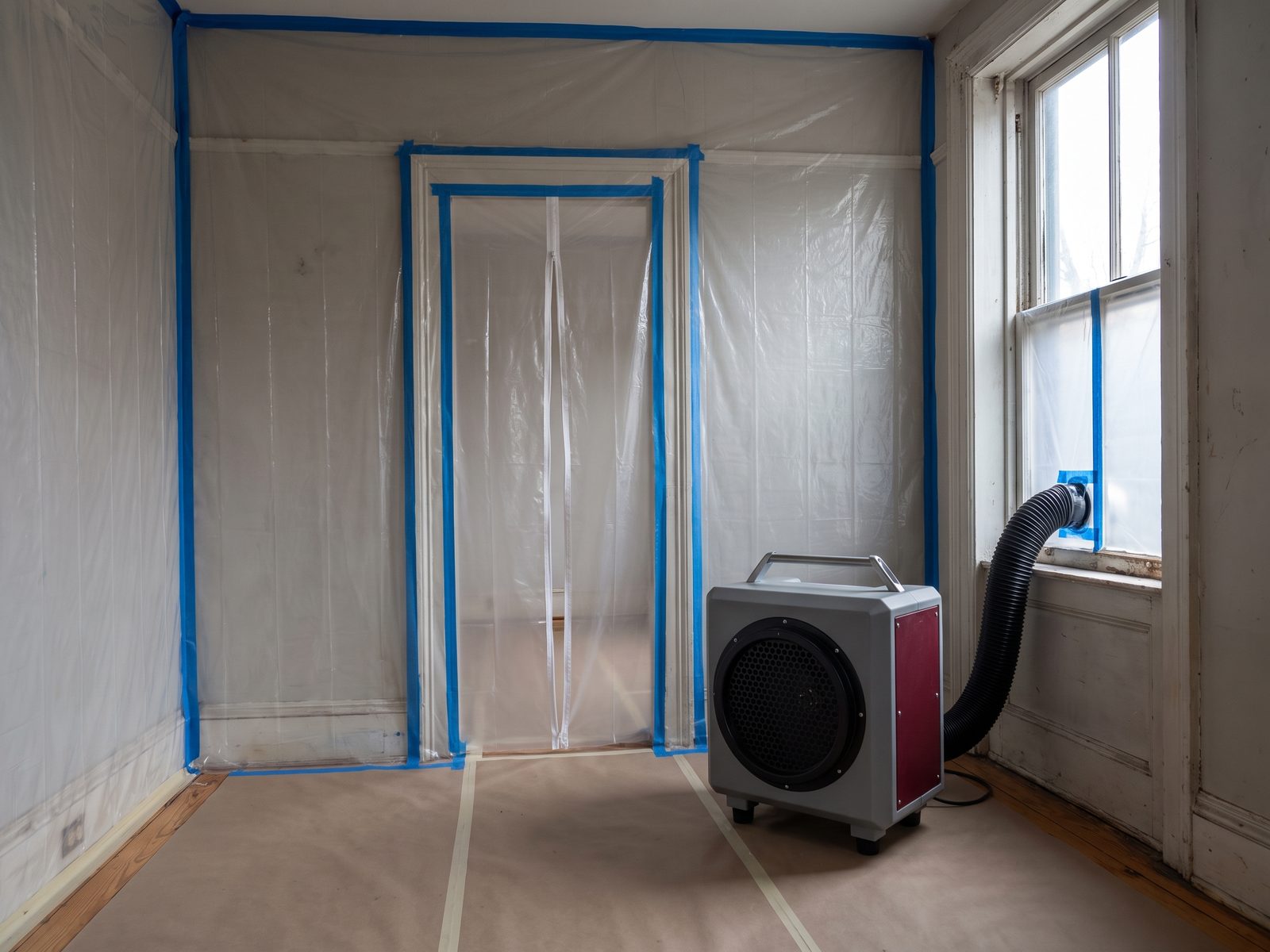 Sealed containment with HEPA filtration Room sealed with plastic sheeting and taped floor protection, with a negative air machine ducted out through the window.