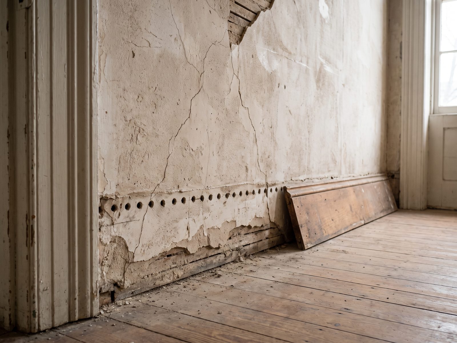 Drying plaster through the cavity Baseboard removed from a plaster wall with a row of small drilled holes along the bottom of the wall.