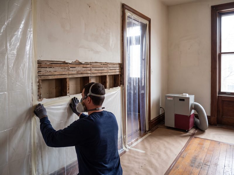 Lower section of plaster removed in a straight line from a row-house wall, exposing wood lath and the stud cavity behind it.